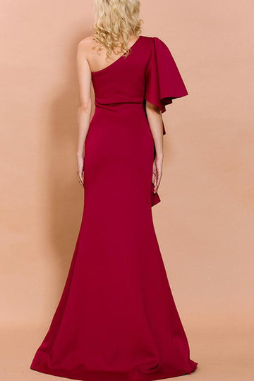 Burgundy One-Shoulder Long Ball Dress Ruffles Split Formal Dress